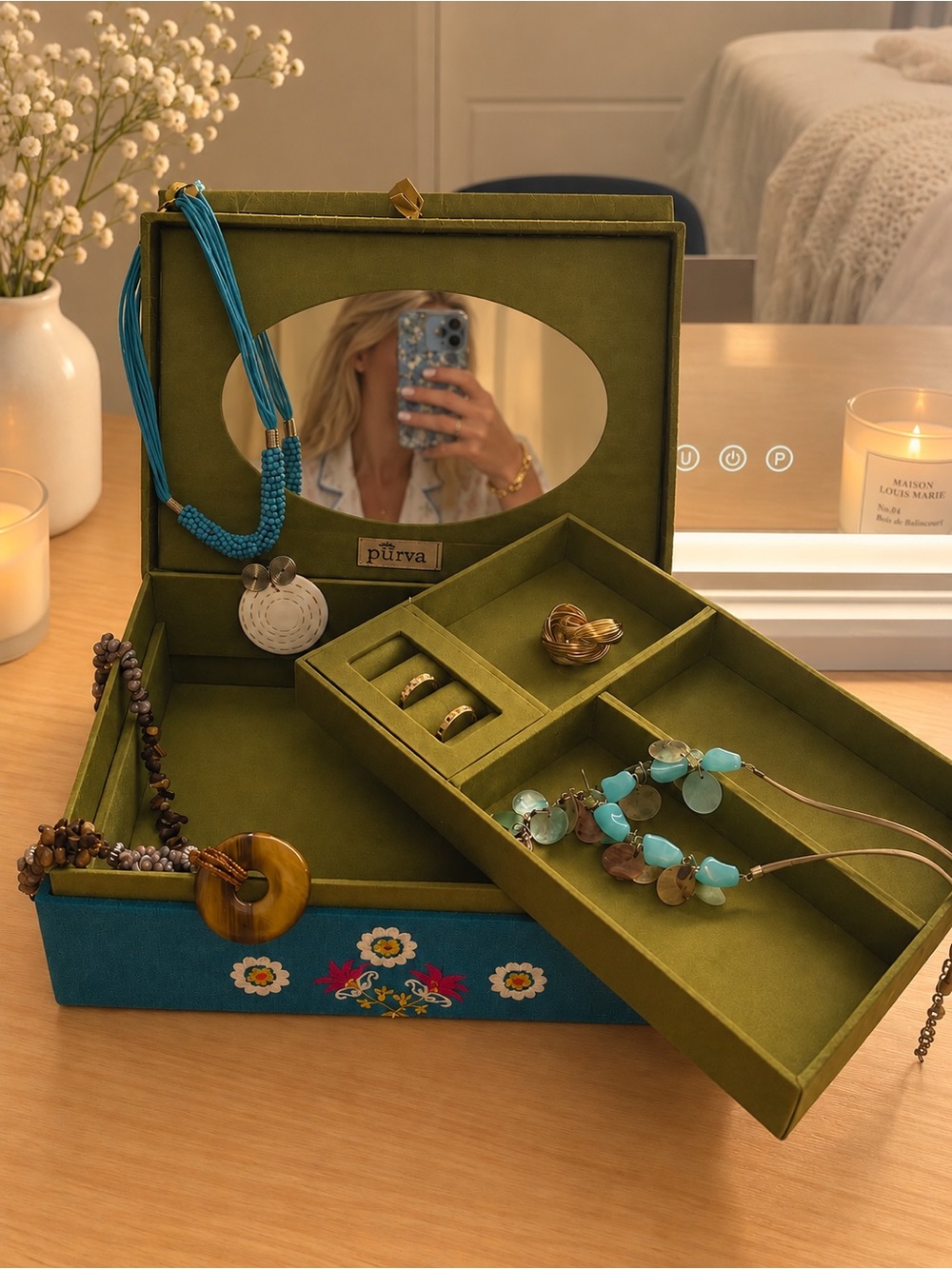 Rare Vintage Purva Boho Embroidered Jewelry Box w/ Mirror